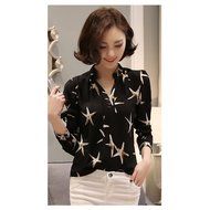 KAKA(TM) Girl Women Spring Autumn Chiffon Long Sleeve Blouses OL Style Shirt Starfish Pattern Black XL N8