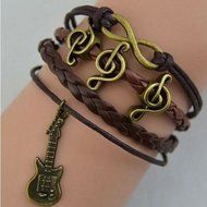 Retro Infinity Guitar Music Friendship Antique Copper Leather Charm Bracelet N2