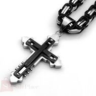 Mens 24" Stainless Steel Black Silver Byzantine Chain Necklace Cross Pendant 7K N4