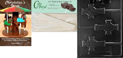 Cybrtrayd Celtic Cross Lolly Chocolate Candy Mold with Lollipop Supply Bundle, Includes 50 Sticks, 50 Cello Bags...