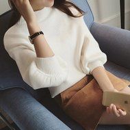 Spritech(TM) Fashion Women Basic Loose Knit Pullover Puff Sleeve Sweatshirt Sweater White N11