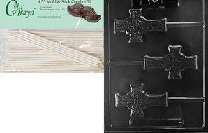 Cybrtrayd Celtic Cross Lolly Chocolate Candy Mold with Lollipop Supply Bundle, Includes 50 Sticks, 50 Cello Bags... N2