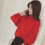 Spritech(TM) Fashion Women Basic Loose Knit Pullover Puff Sleeve Sweatshirt Sweater White N14