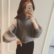 Spritech(TM) Fashion Women Basic Loose Knit Pullover Puff Sleeve Sweatshirt Sweater White N16