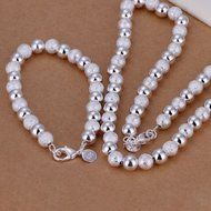 New Women 925 Sterling Silver Plated Bead Chain Bracelet Necklace Jewelry Set N3