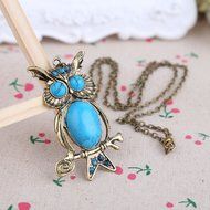 Vintage Rhinestone Turquoise Necklace Owl Long Chain Lady Cute Jewelry Gift