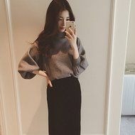 Spritech(TM) Fashion Women Basic Loose Knit Pullover Puff Sleeve Sweatshirt Sweater White N18