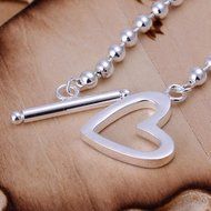 New Women 925 Sterling Silver Plated 5MM Heart Bead Charm Chain Bracelet Bangle N4