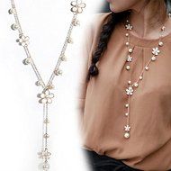 Fashion Women's Elegant Pearl Flower Sweater Chain Long Pendant Necklace Jewelry