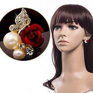 Red Rose Floral &amp; Imitation Pearl Stud Earrings 18KT Gold Plated Crystal Jewelry N4