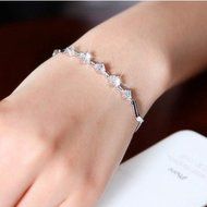 New Women 925 Silver Plated Charm Shiny Crystal Chain Bracelet Bangle