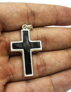 Christian Crucifix Silver 925 Black Enamel Pendant Fashion Cross Jerusalem 1.7"