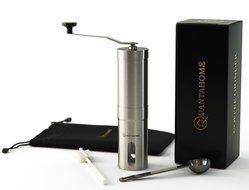 SALE NOW Quantahome Manual Coffee Grinder adjustable ceramic burr with Bag, Brush &amp; Scoop. Stainless Steel-Best...