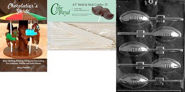 Cybrtrayd &#039;Football Lolly&#039; Sports Chocolate Candy Mold with 25 4.5-Inch Lollipop Sticks and Chocolatier&#039;s Guide