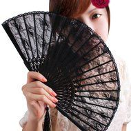 NSSTAR High Quality Lady's Girl's Vintage Retro Flower Lace Handheld Folding Hand Fan (Black) N5