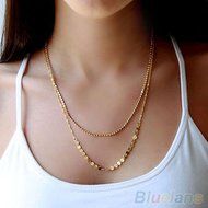 Womens 9K Gold Plated Double Chain Sequins Beads Charm Pendant Nobby Necklace