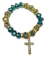 Green Glass Beads Gold Rosary Bracelet Hand Ornament Zircons Cross Jerusalem