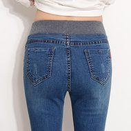 Spritech(TM) Women's Autumn Slim Relaxed Elastic Waist Jeans Pants Dark Blue N3