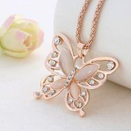 Women Rose Gold Opal Crystal Butterfly Pendant Necklace Sweater Chain Jewelry N2
