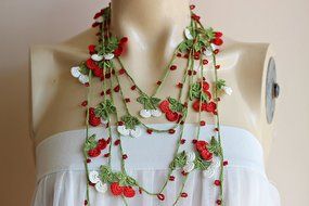 Cherry Necklace-Cherry Crochet Necklace-Turkish Oya necklace-Red and White Necklace-Lariat Necklace -Spring Scarf N2