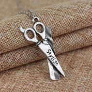 Women&#039;s Fashion Silver Hairdresser Scissors Comb Stylist Pendant Chain Necklace N2