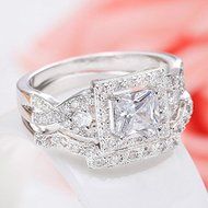 Fashion Women 2PCS Square White Topaz 925 Silver Wedding Couple Rings Set New (9) N2