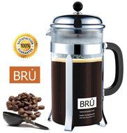 SALE! Classic French Press - BRU USA Coffee & Tea Maker | 8 Cup - 34 Oz | Stainless Steel, Enhanced DOUBLE Filter...