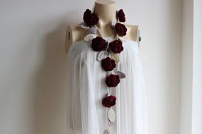 Burgundy Scarf-Rose Crochet Scarf-Necklace Lariat Scarf- Burgundy,Ivory,Taupe Scarf-Burgundy Neckwarmer N2