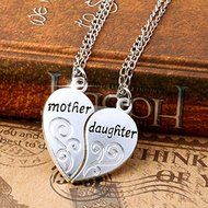 2PC/Set Mom Mother &amp; Daughter Love Heart Pendant Chain Necklace Charm Silver New N3