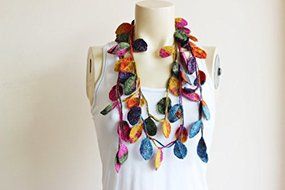 Leaves Necklace Scarf-Multicolor Crochet Necklace-Multicolor Lariat Scarf-Mohair Crochet Scarf with Gold Glitter... N3