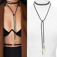 Vintage Lady Jewelry Gothic Black Velvet Choker Long Chain Leaf Pendant Necklace N6