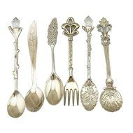 Retro Creative Coffee Scoops Stirring Spoon Sugar Spoon Tea Spoon with Fruit Fork Set of 6 (Silver) N5