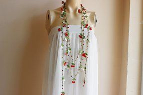 Cherry Necklace-Cherry Crochet Necklace-Turkish Oya necklace-Red and White Necklace-Lariat Necklace -Spring Scarf N4