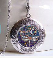 Photo Locket, Dragonfly Necklace, Dragonfly Art Locket, Silver Locket, Dragonfly Jewelry