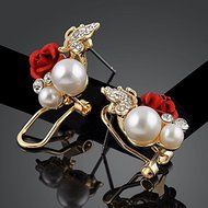 Red Rose Floral & Imitation Pearl Stud Earrings 18KT Gold Plated Crystal Jewelry N5