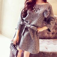 Spritech(TM) Fashion Women's A-Line Three Quarter Sleeve Woolen Dress with Belt XL N4