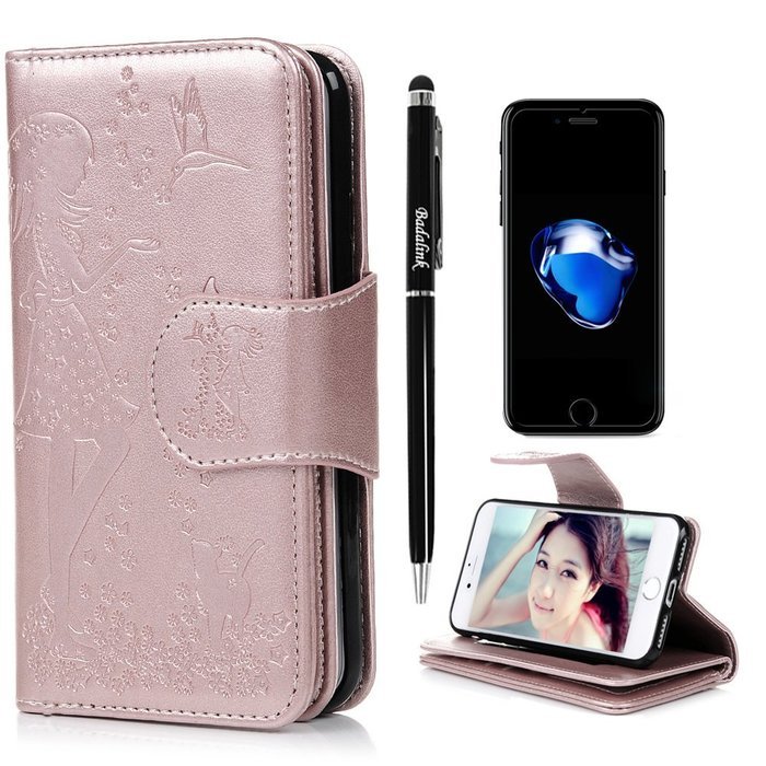 Badalink iPhone 7 Wallet Case (4.7") 9 Card Slots Plastic Mirror Flip Stand Case Embossed Flower Girl PU Leather... N19