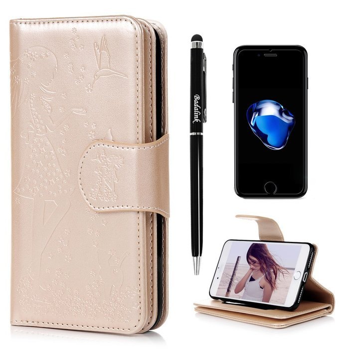 Badalink iPhone 7 Wallet Case (4.7") 9 Card Slots Plastic Mirror Flip Stand Case Embossed Flower Girl PU Leather... N27