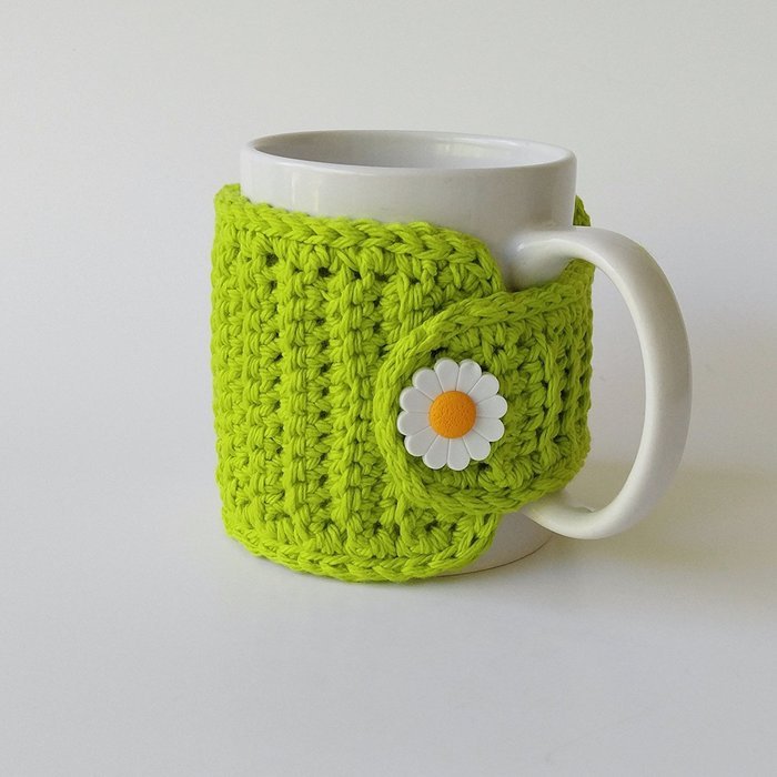 Tea Cup Cozy - Coffee Mug Cozy - Green - Flower Button N2