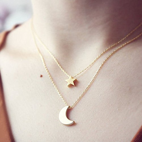 Fashion Women Lady Double Chain Moon Star Pendant Charm Silver Gold Necklace