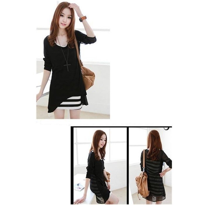 Evtech(tm) Women's Fake Two-piece Dress Long Sleeve Stripe Loose Drape Round-neck Dress Black - XL N3