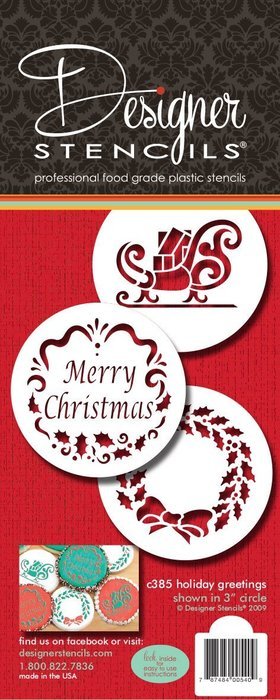 Designer Stencils C385 Holiday Christmas Greetings Cake Stencils, Beige/semi-transparent