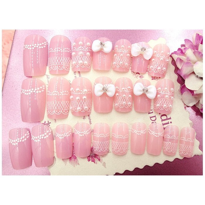 EVTECH(TM) 24 Pcs Nail Decals French Artificial Full Cover False Nails Round Head Nail Art Tips Fashion Style... N27