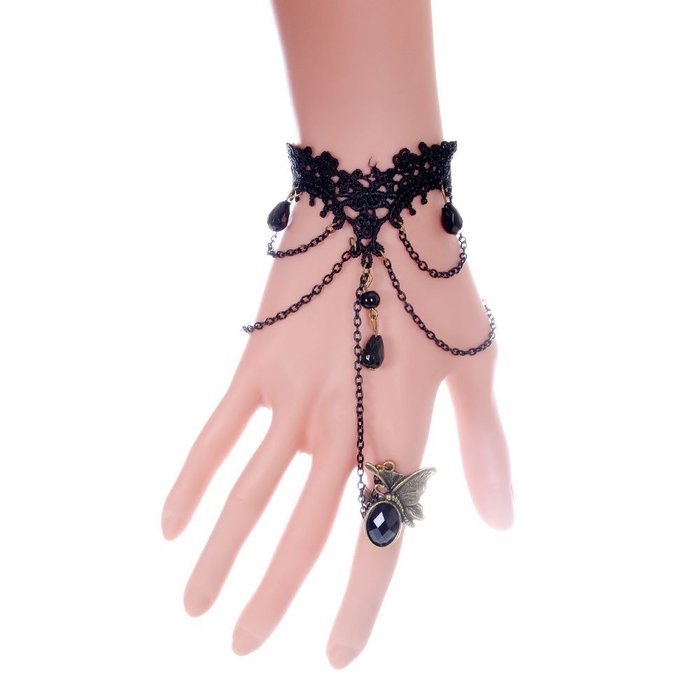 QTMY Black Gothic style Lace Ring Chain Bracelet Party Jewelry Set for Women N2