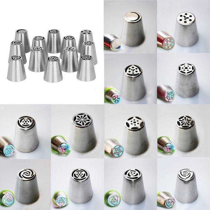 Russian Piping Tips,Newcomdigi 12 PCS Decorating Icing Nozzles Kit Cake Cupcake Pastry Decoration Tips Stainless...