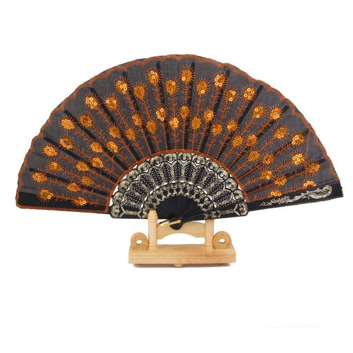 Folding Hand Fan Embroidered Sequin Wedding Prom Dance (Red) N9