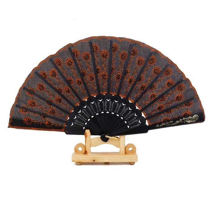 Folding Hand Fan Embroidered Sequin Wedding Prom Dance (Red) N10