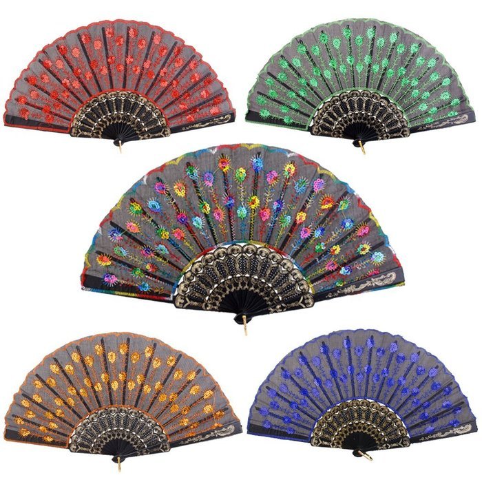 Folding Hand Fan Embroidered Sequin Wedding Prom Dance (Red) N12