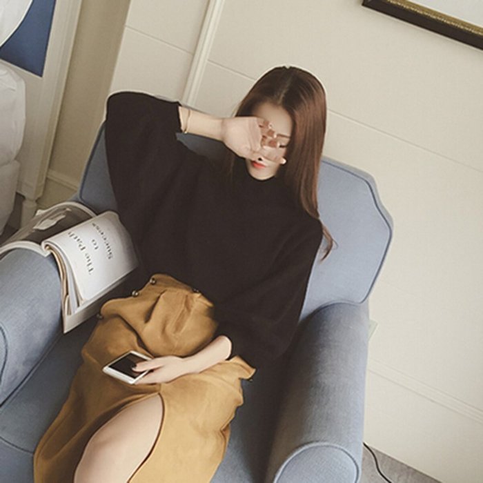 Spritech(TM) Fashion Women Basic Loose Knit Pullover Puff Sleeve Sweatshirt Sweater White N7