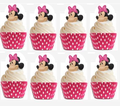24 Minnie Mouse Cupcake Decoration Rings with 24 Hot Pink &White Polka Dot Baking Cups & Stickers